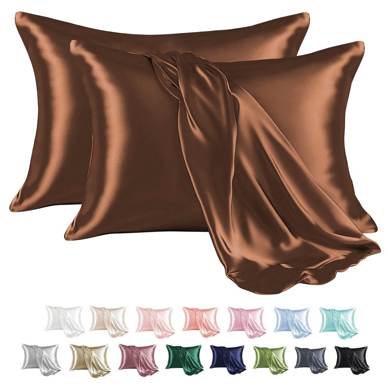 MR&HM Satin Pillowcase for Hair and Skin, Silk Satin Pillowcase 2 Pack, Queen Size Pillow Cases Set of 2, Silky Pillow Cover with Envelope Closure (20x30, Brown) - Image 1